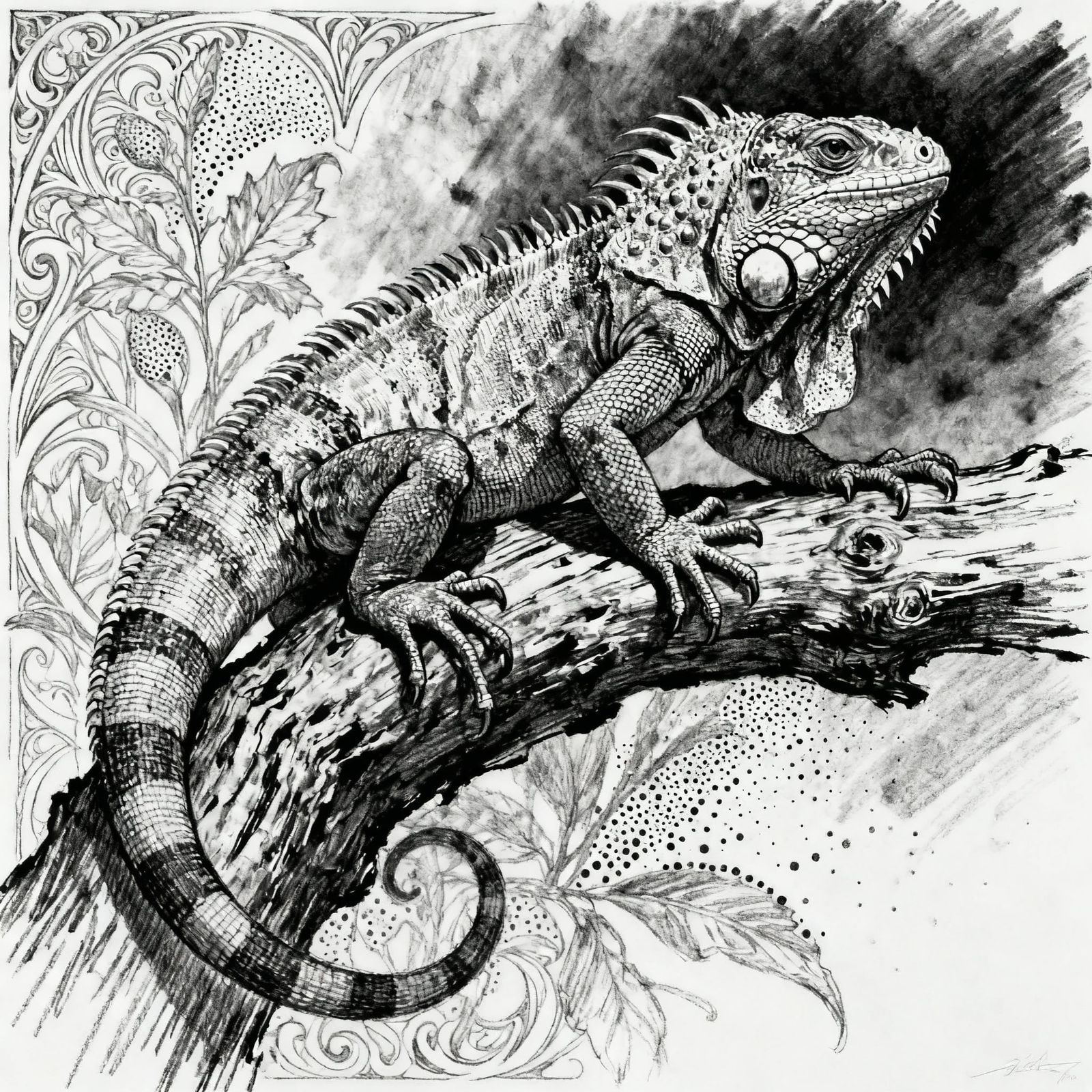 Monochrome Dotwork Iguana on Branch