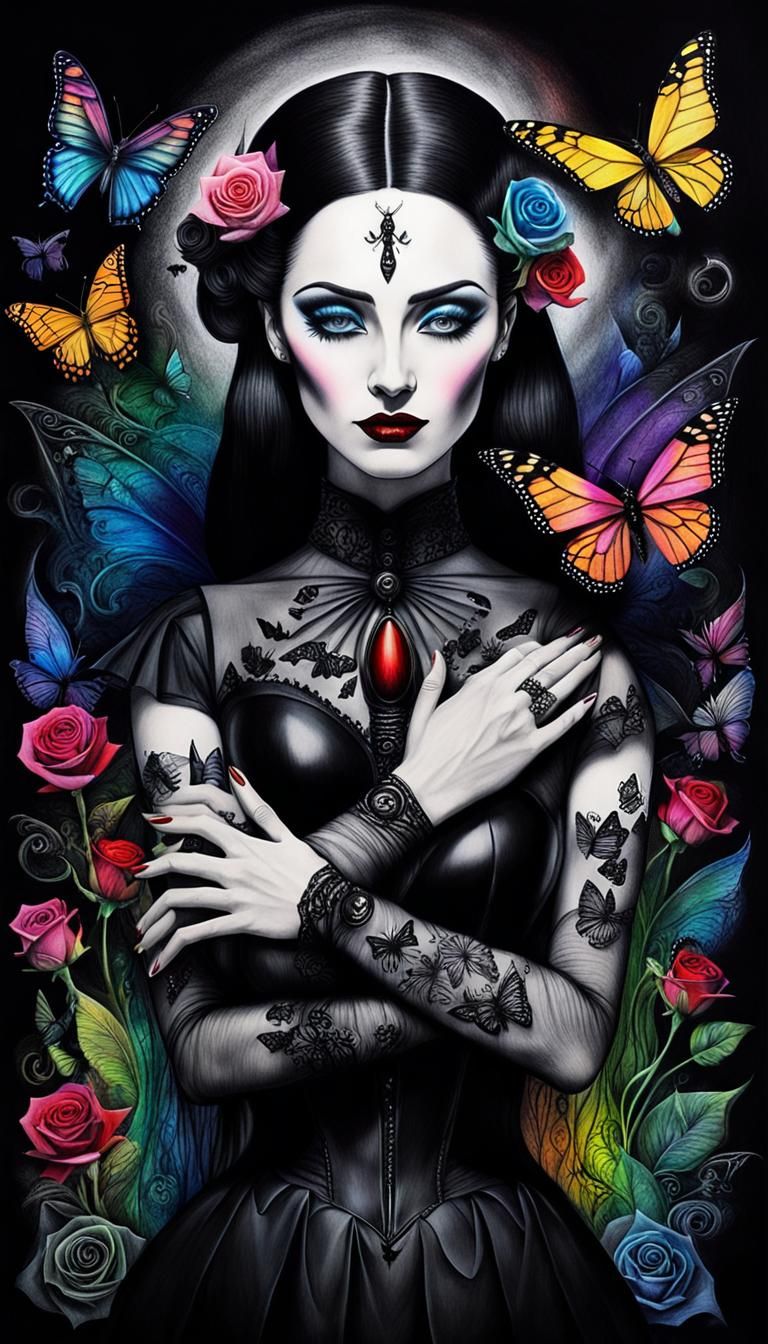 Surreal Crayon Drawing: Gothic Mother and Child