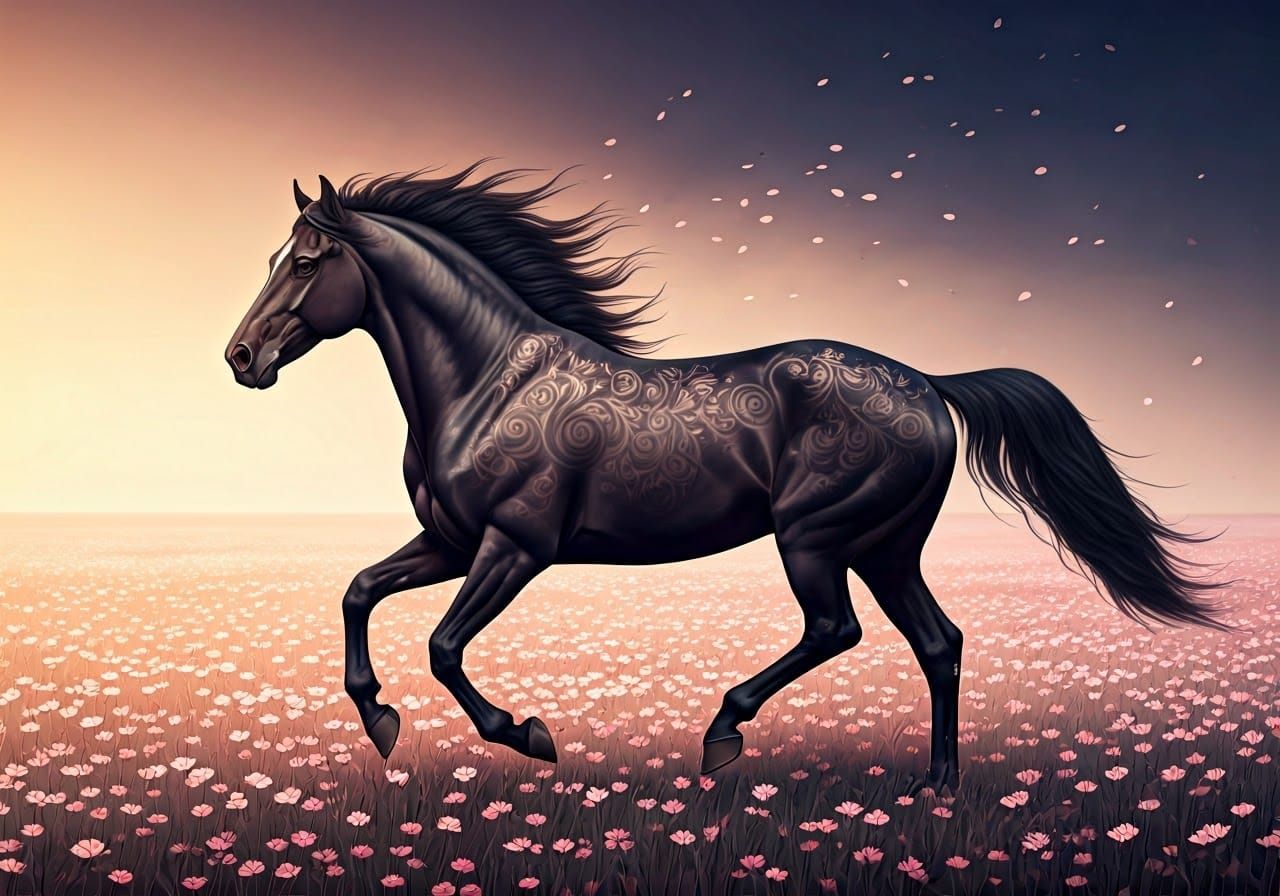Regal Black Stallion Gallops Through Lush Meadow