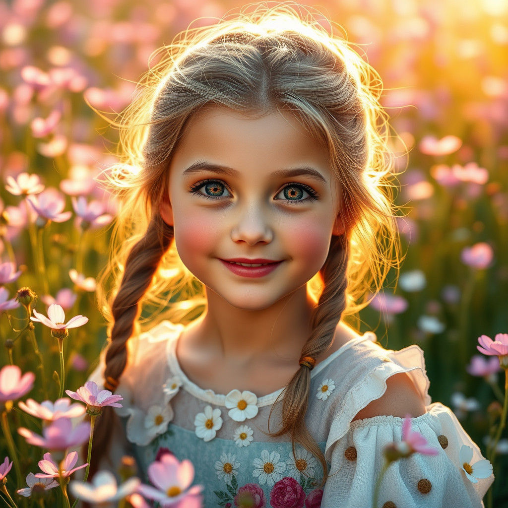 Girl in Wildflower Field, Art Nouveau Style