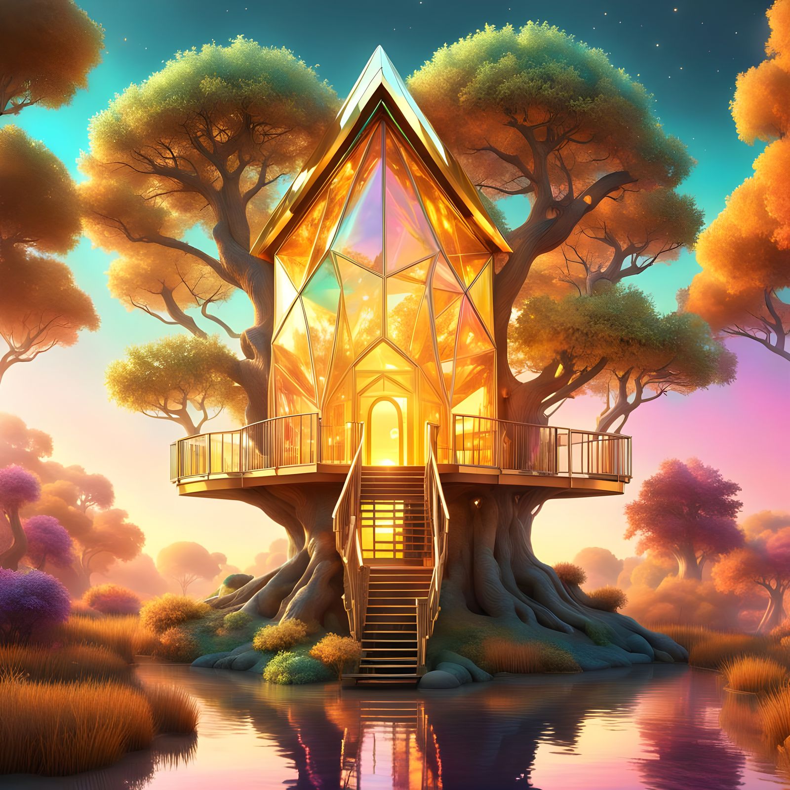Chromatic Crystal Treehouse in Liminal Dreamscape
