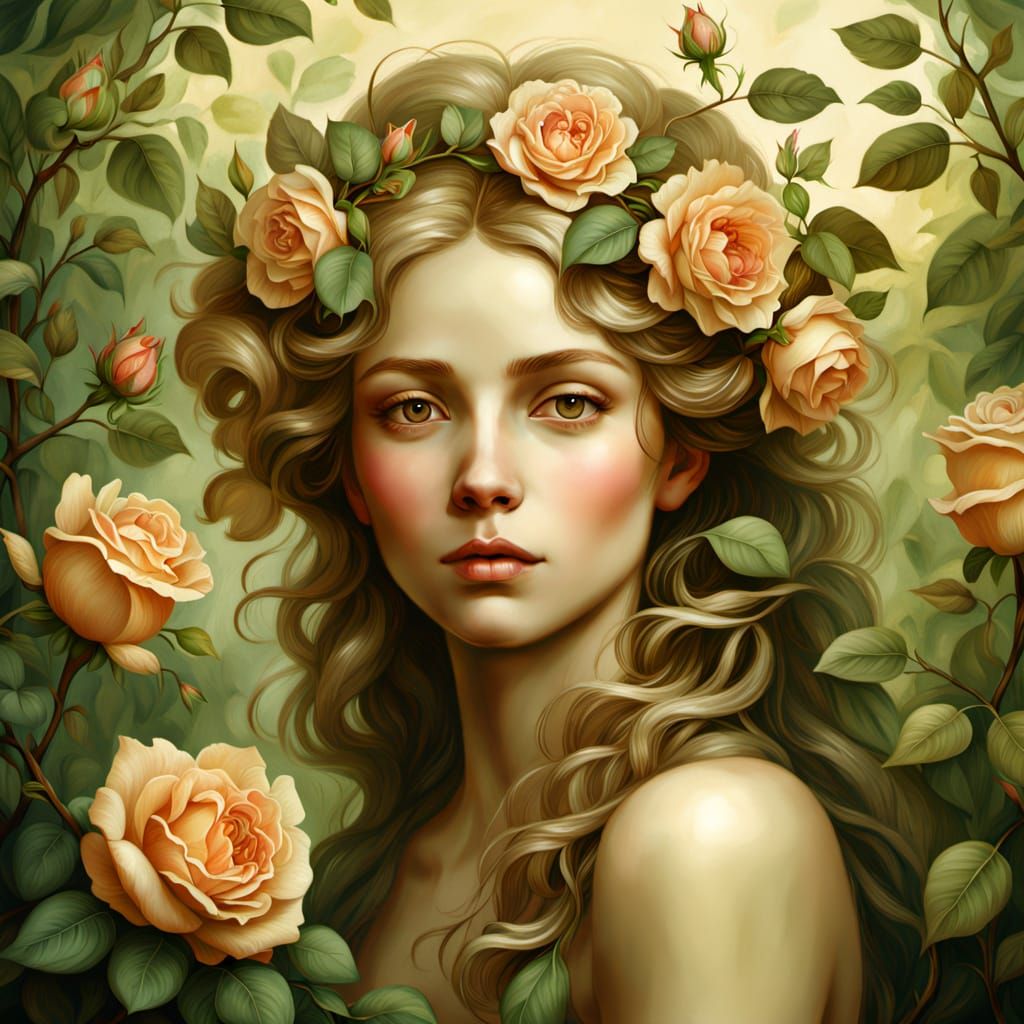 Rose Dryad in Renaissance Oil Painting Style
