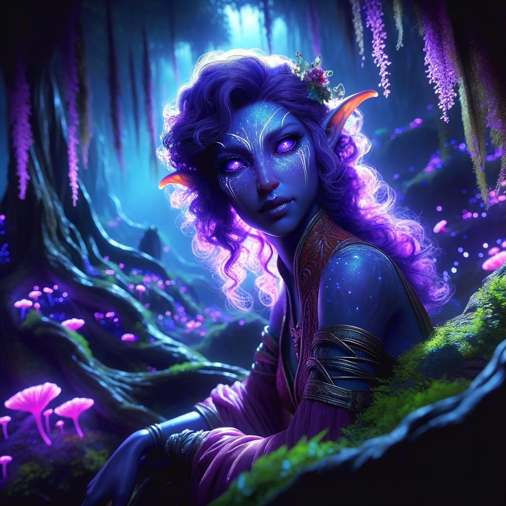 Celestial Tiefling Goddess in Bioluminescent Forest