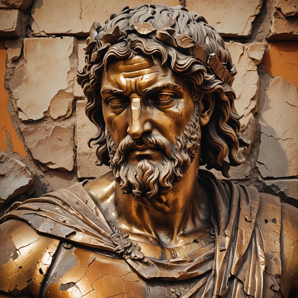 Damaged Orange Greek Statue with Leaking Blood