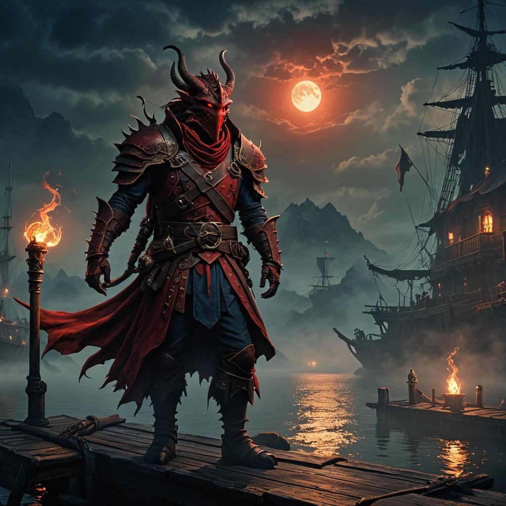 Dragonborn Warlock on Misty Dock in Fantasy Art