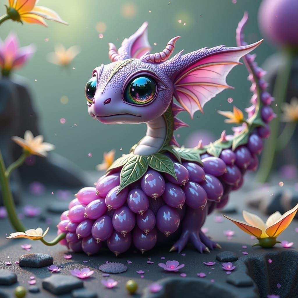 Whimsical Grape-Dragon Hybrid in Iridescent Shimmer
