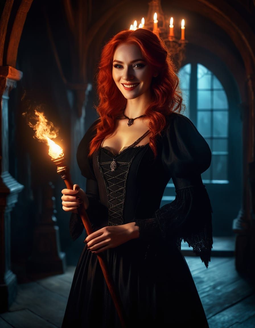 Red-Haired Witch in Haunted House: Dark Fantasy Art