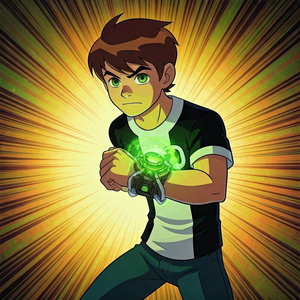 Ben 10 with Glowing Omnitrix in Anime Style