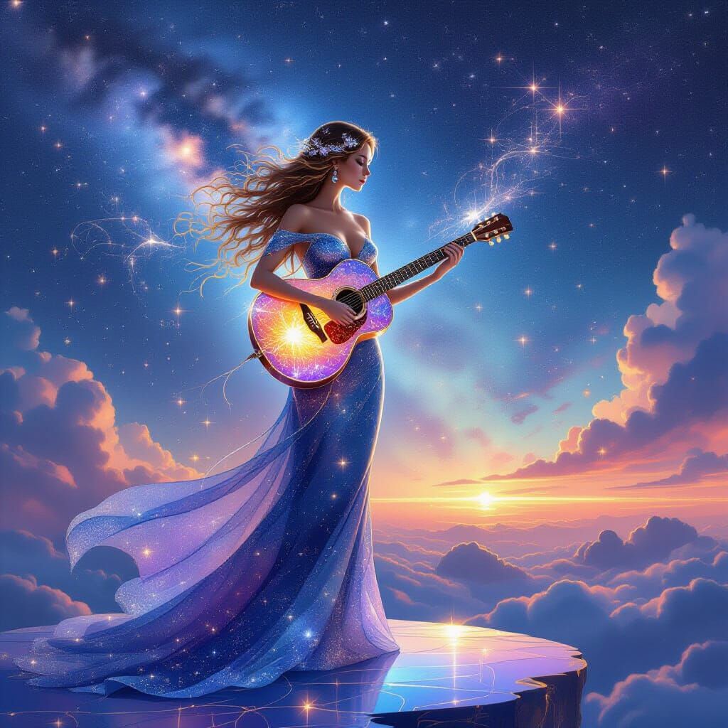 Celestial Woman with Guitar in Watercolor Style