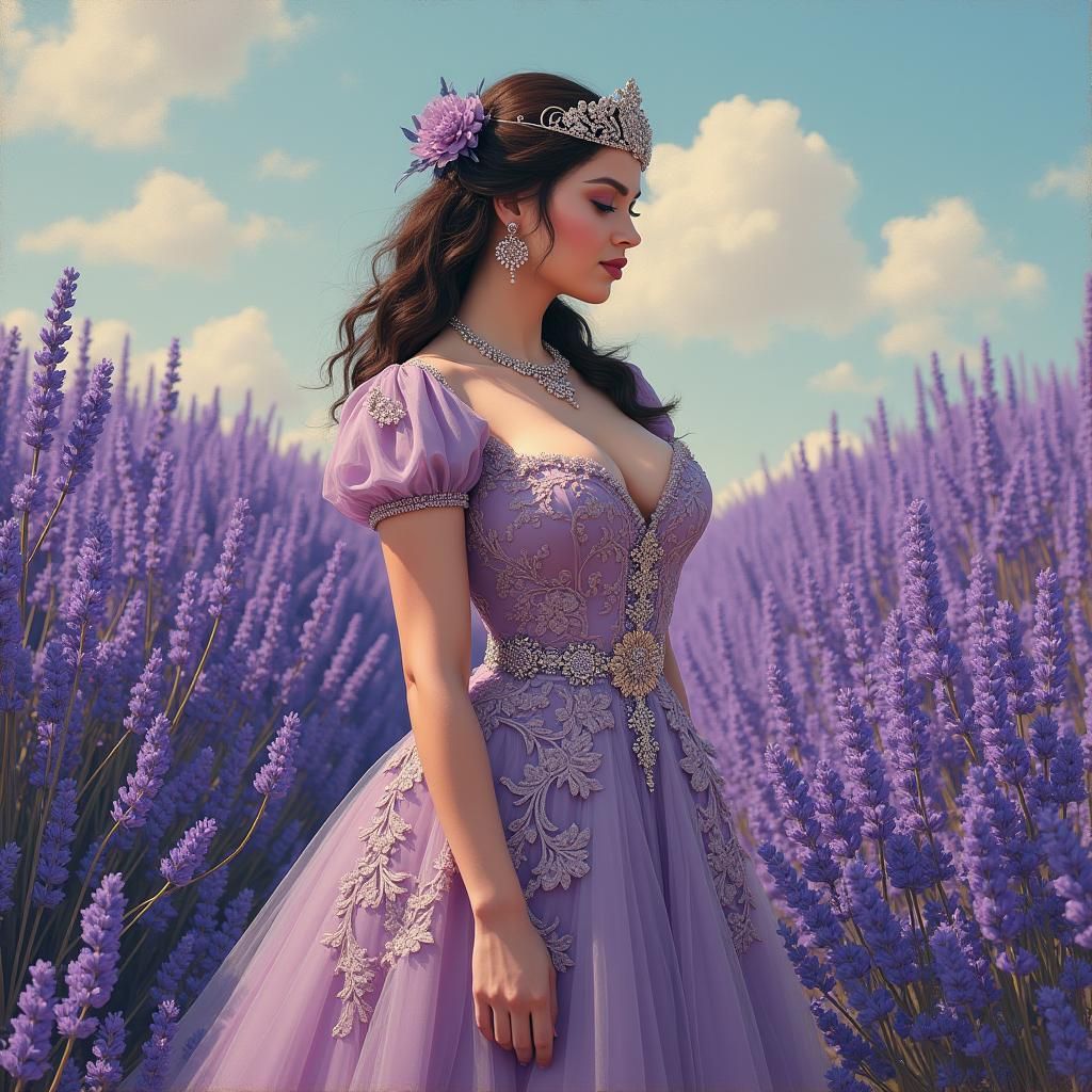 Victorian Woman in Lavender Field as Oil Painting