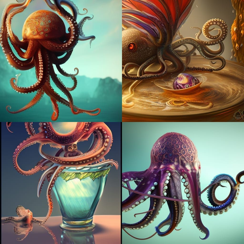 Octopus, Feathers and Glass Cup in Detailed Painting
