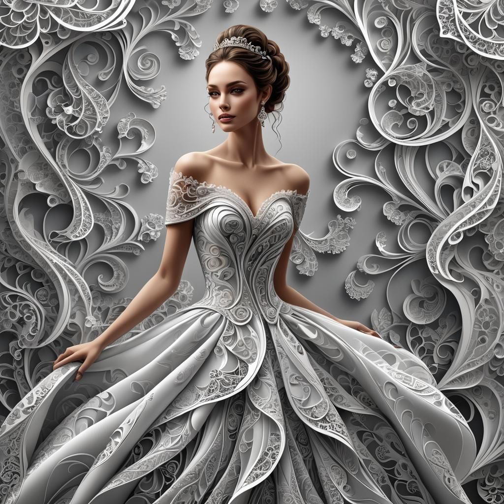 Beautiful Girl in Gown with Abstract Fractals