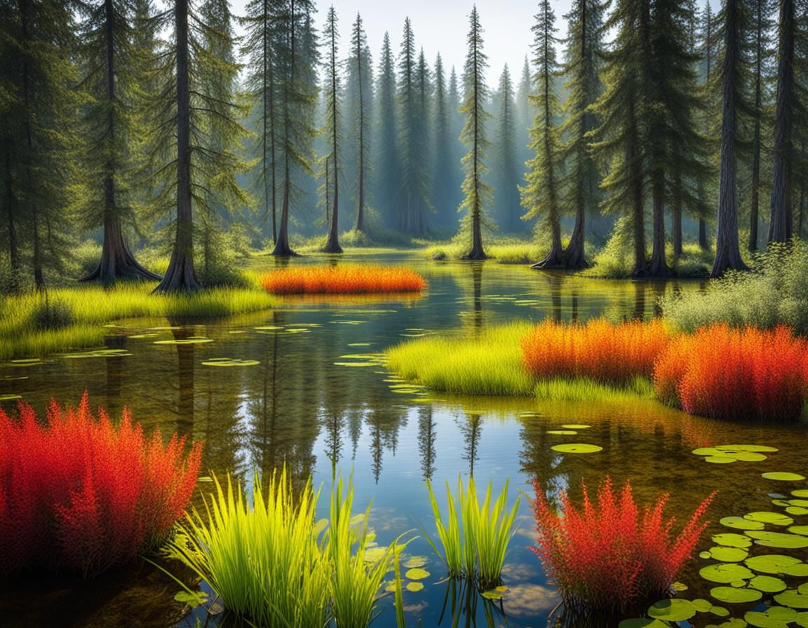 Vibrant Swamp Lake Scene with Grey Wolf