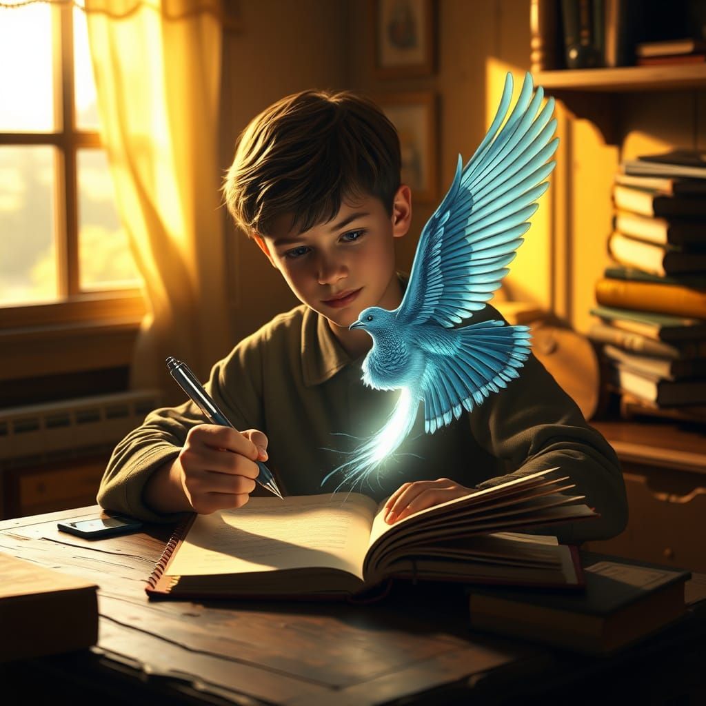 Boy Creates Bird with Glowing Pen, Mystical Art