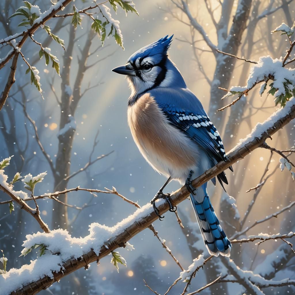 Blue Jay in Winter Sunlight: Fantasy Scene