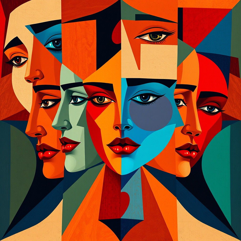 Cubist Kaleidoscope of Female Faces in Vibrant Colors