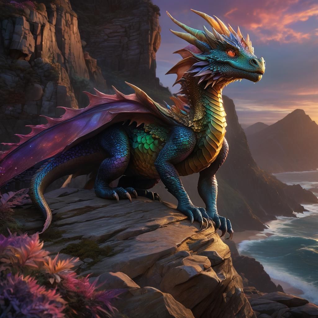 Iridescent Baby Dragon on Cliff, Fantasy Art