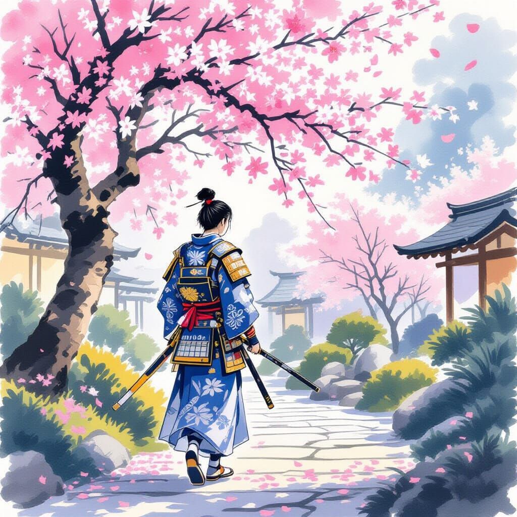 Samurai Lord in Japanese Garden, Ukiyo-e Style