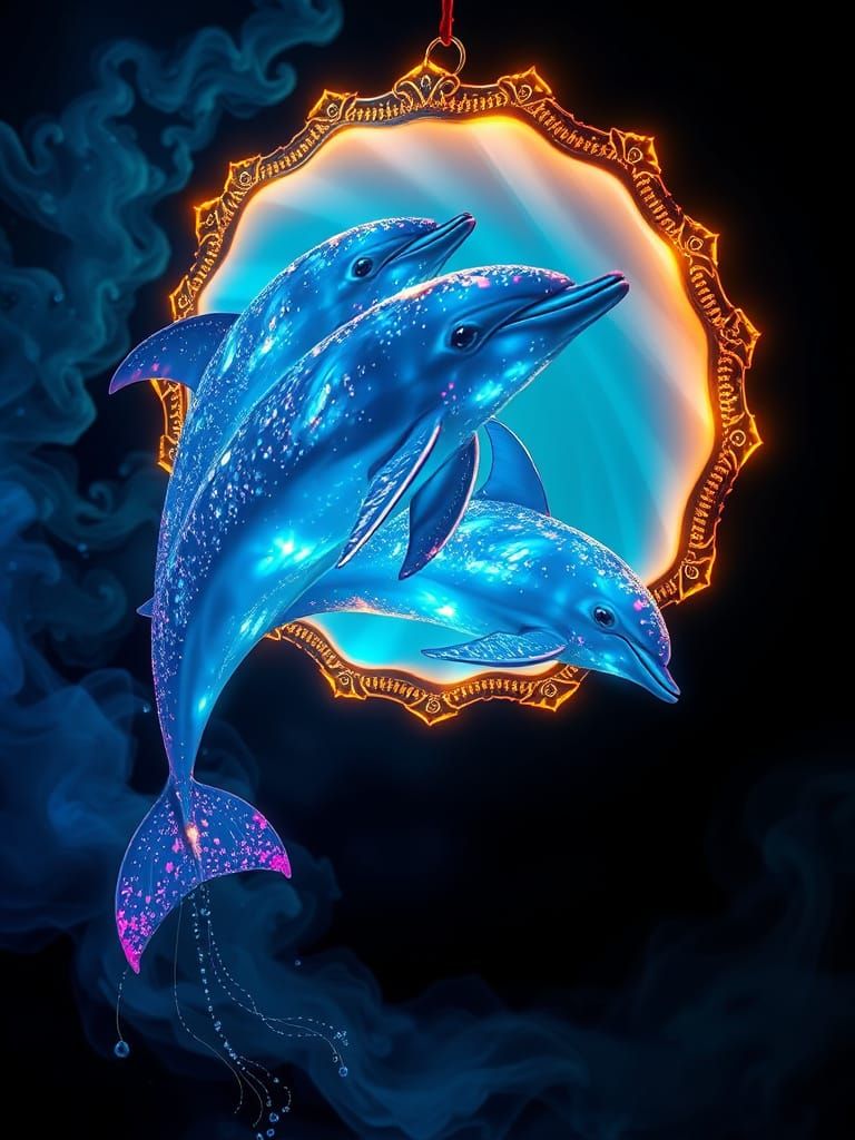 Dolphins Leap in Ornate Sapphire Shell Wind Chime