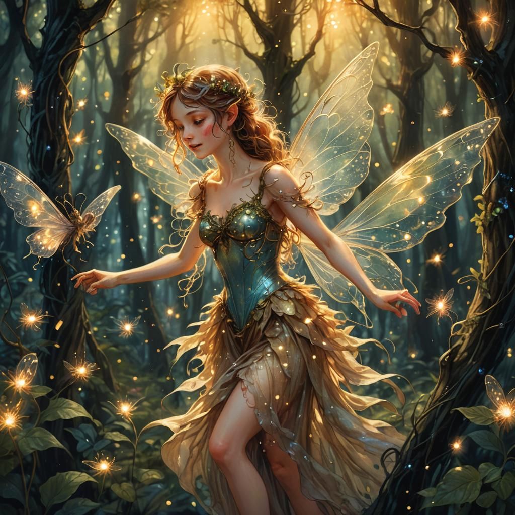 Fairy in Enchanted Forest, Watercolor Illustration