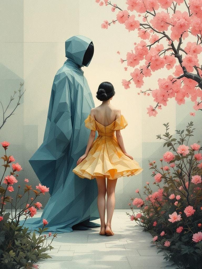 Abstract Figure in Retro Cherry Blossom Garden