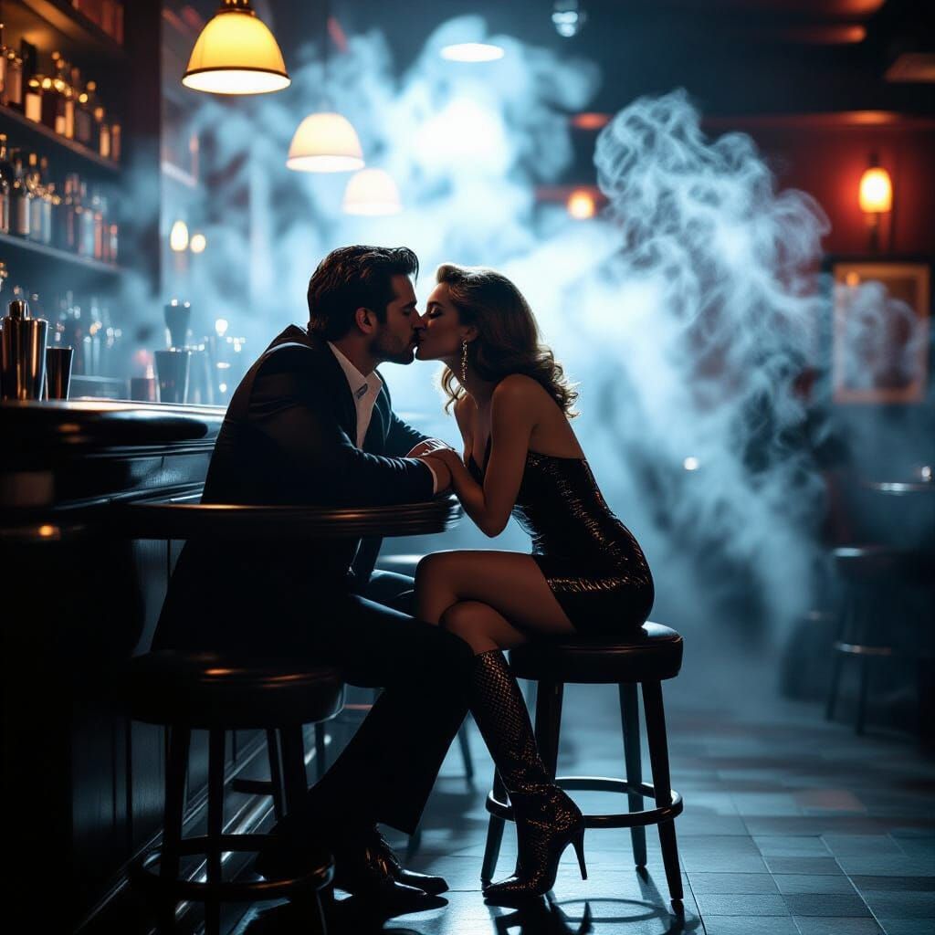 Couple's Moody Bar Scene with Snakeskin Boots