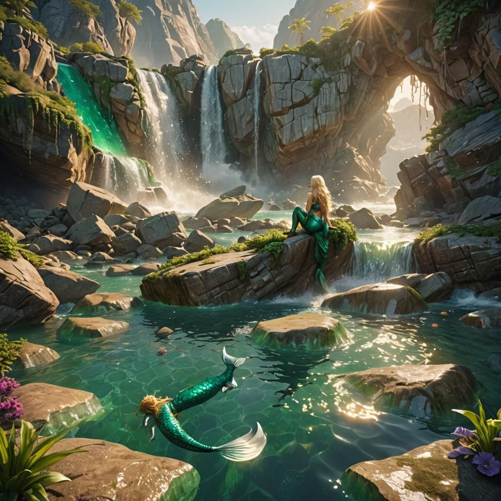 Blonde Mermaid Sunbathing on Emerald Rocks