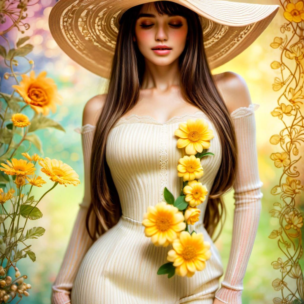 Elegant Woman in Impressionist-Inspired Floral Gown with Art...