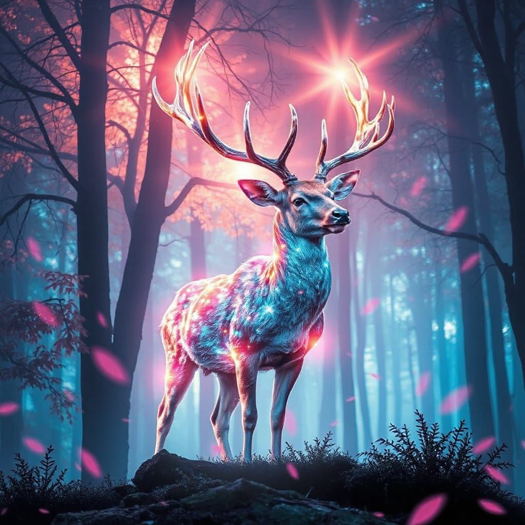 Glowing Deer in Dreamlike Forest, Ethereal Digital Art
