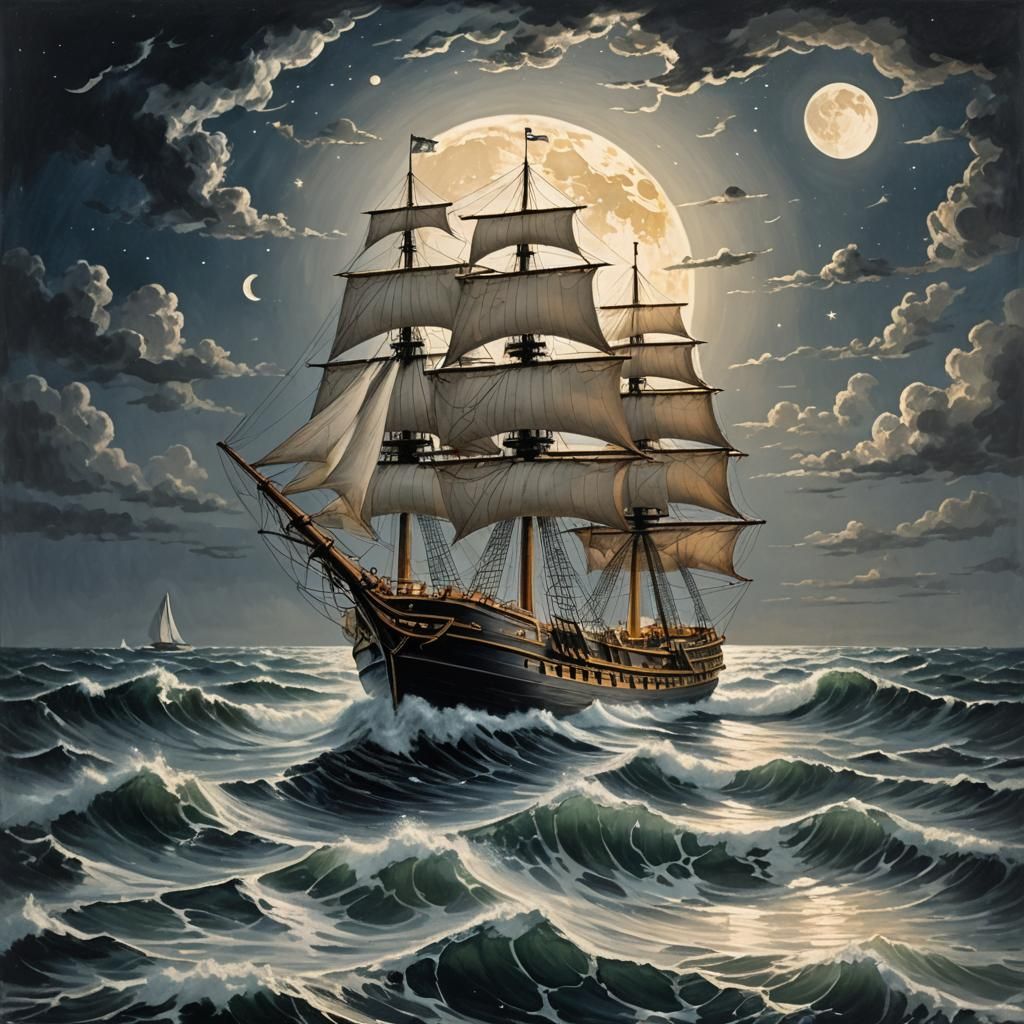 Moonlit Sailing Ship on a Wavy Sea