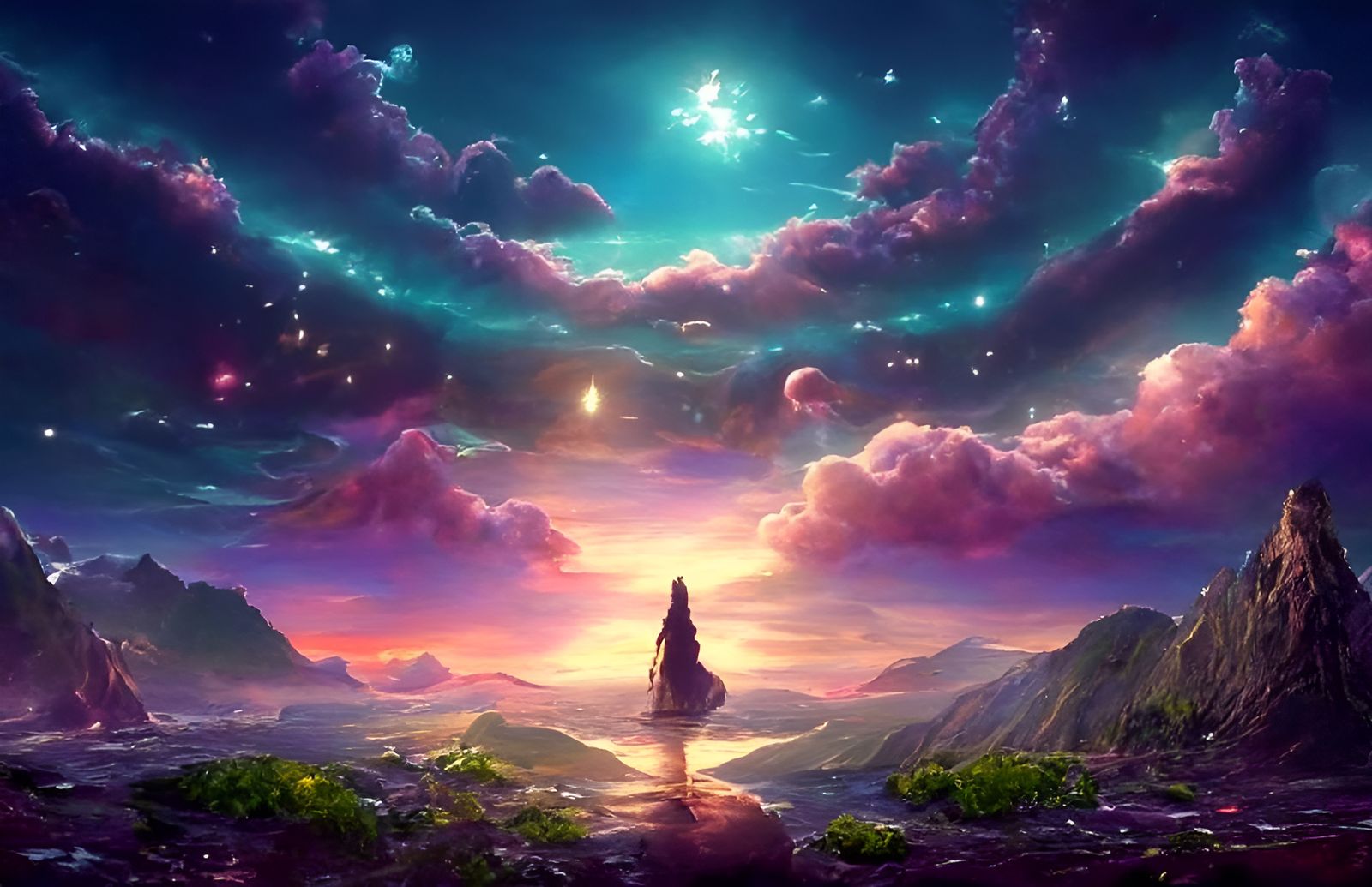 Iridescent Fantasy Mountain Landscape Under Cosmic Skies