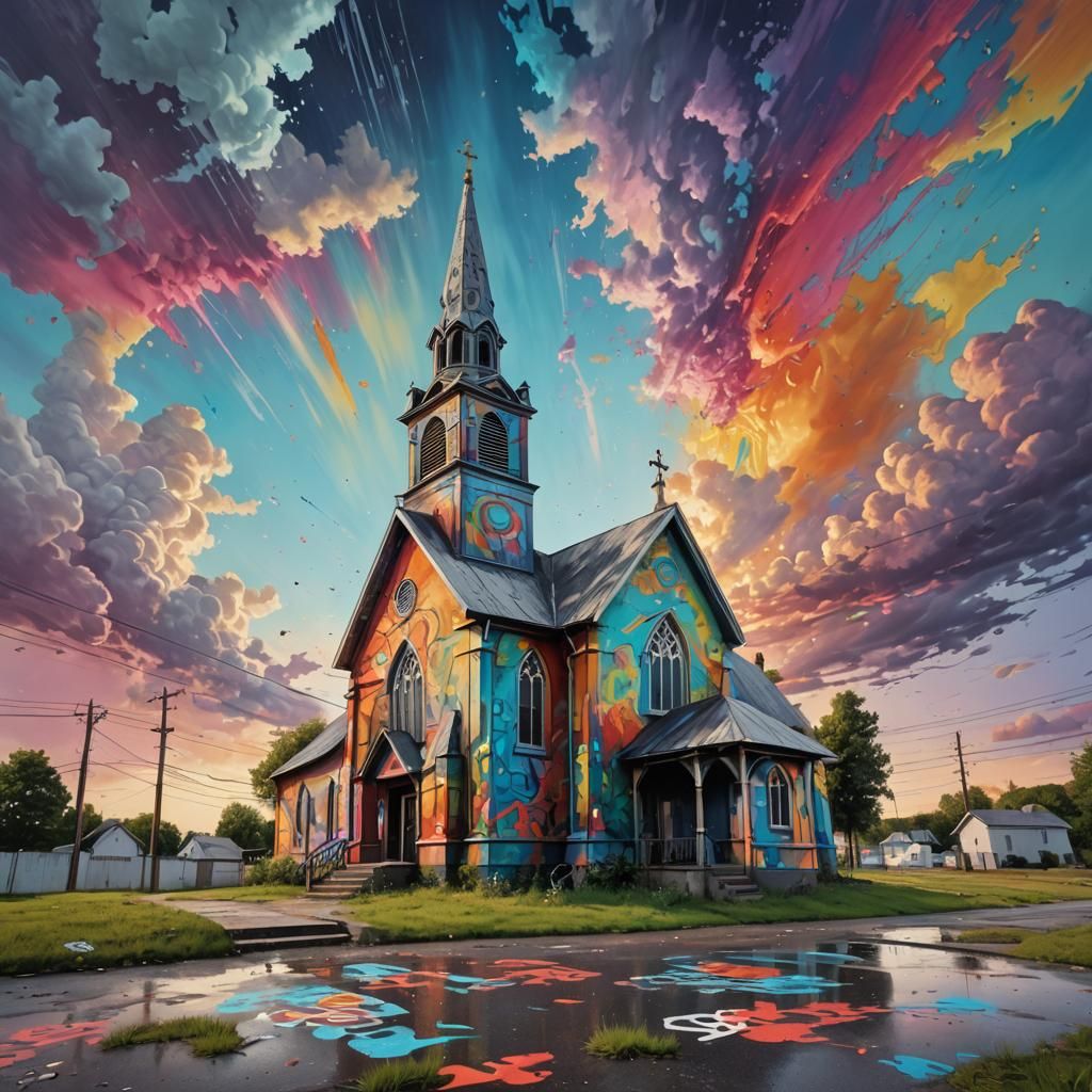 Colorful Country Church in Graffiti Street Art Style