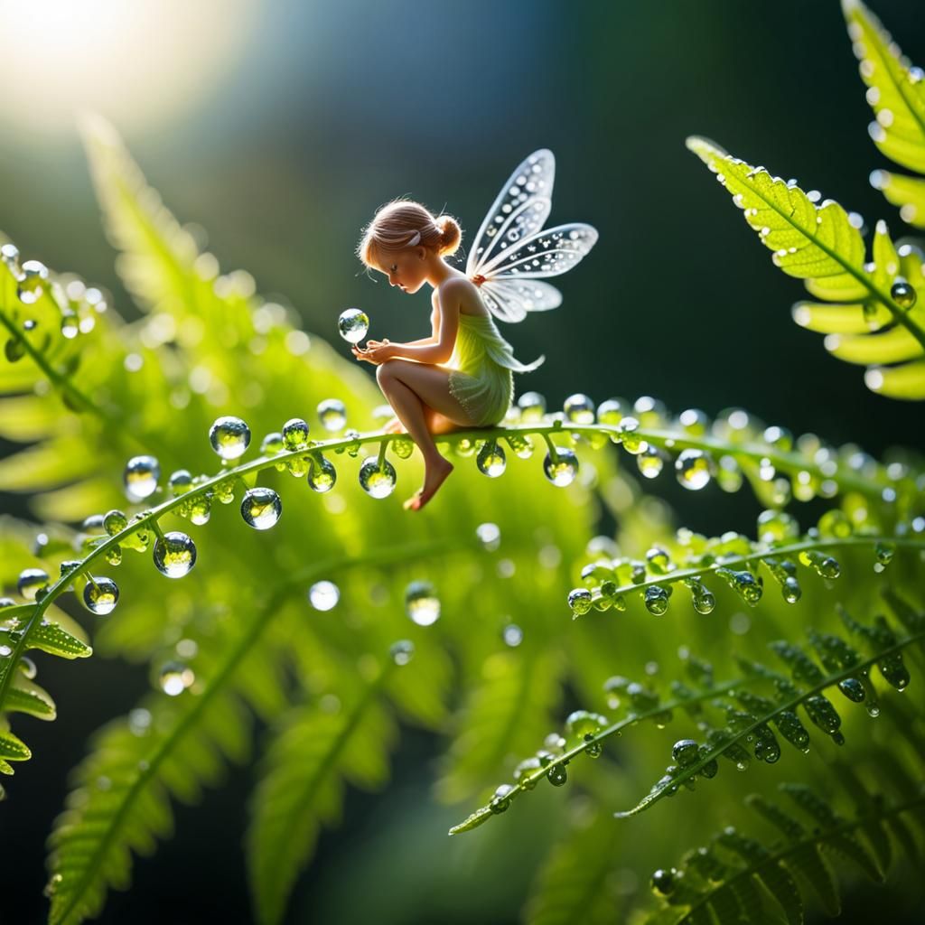 Macro Photo of Tiny Fairy on Fern Branch