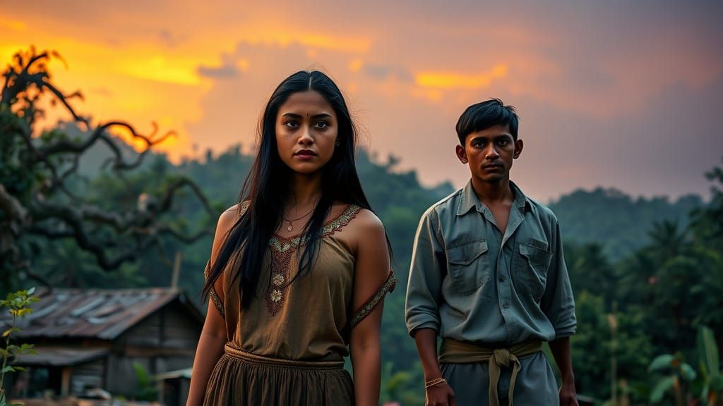Tribal Woman and Man in Ancient Jungle Village at Dusk