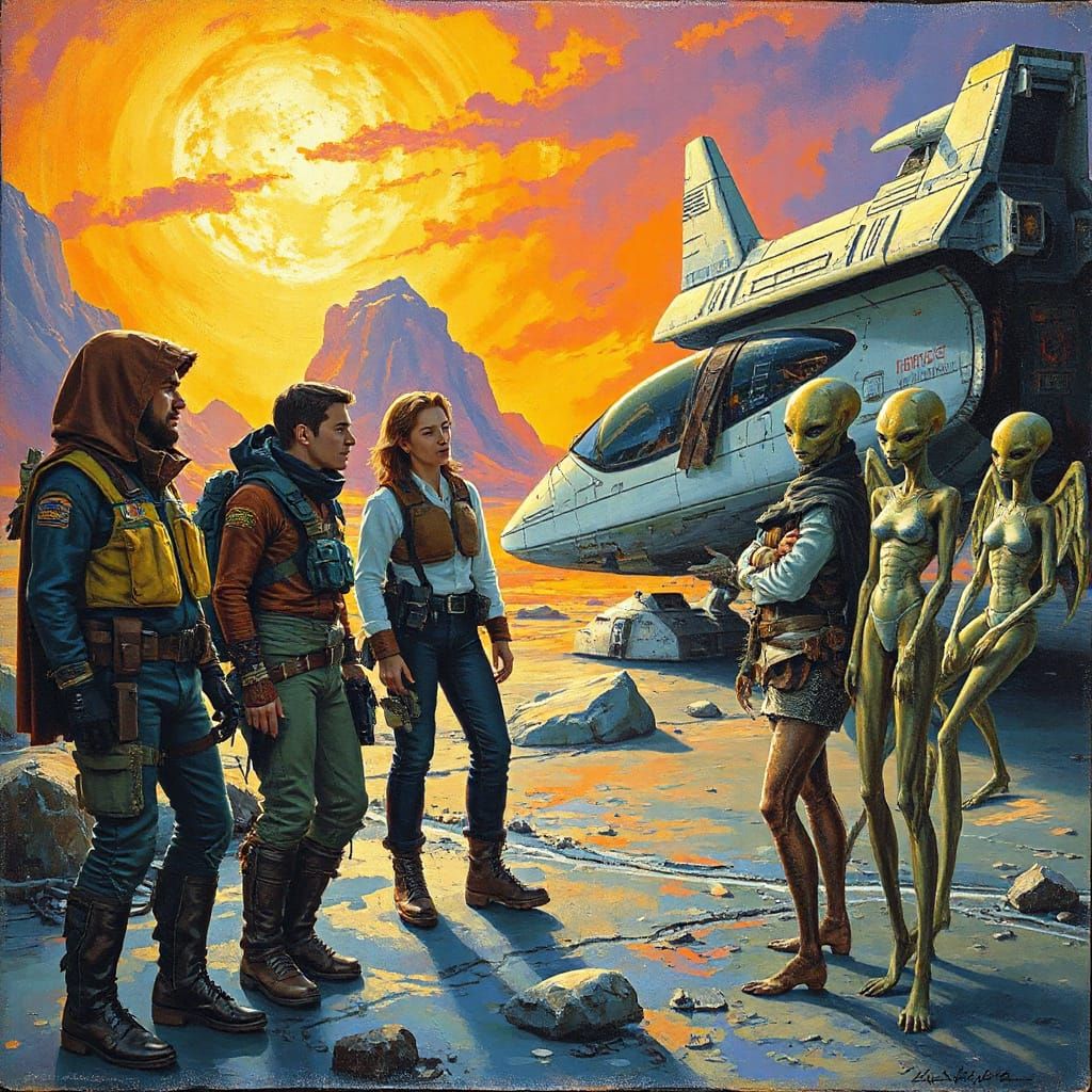 Space Explorers Engage with Alien Natives in a Dazzling Cosm...