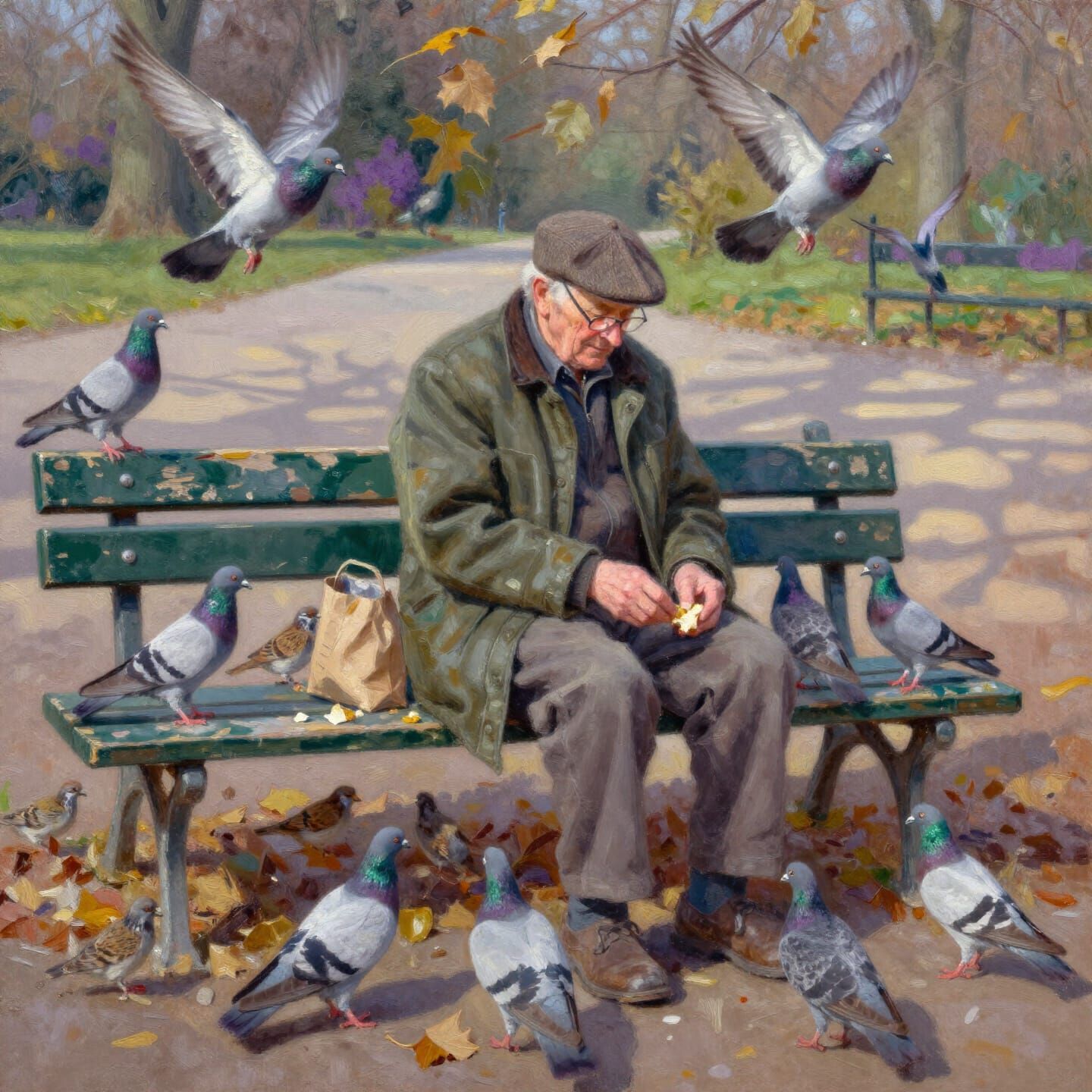 Elderly Man Feeding Birds in Impressionistic Oil Painting
