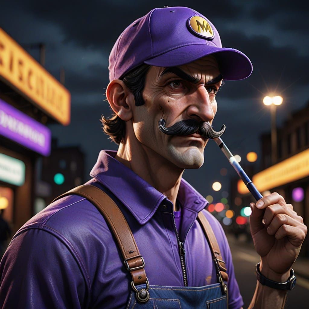 Hyper-Realistic Portrait of Waluigi in Moody Cityscape