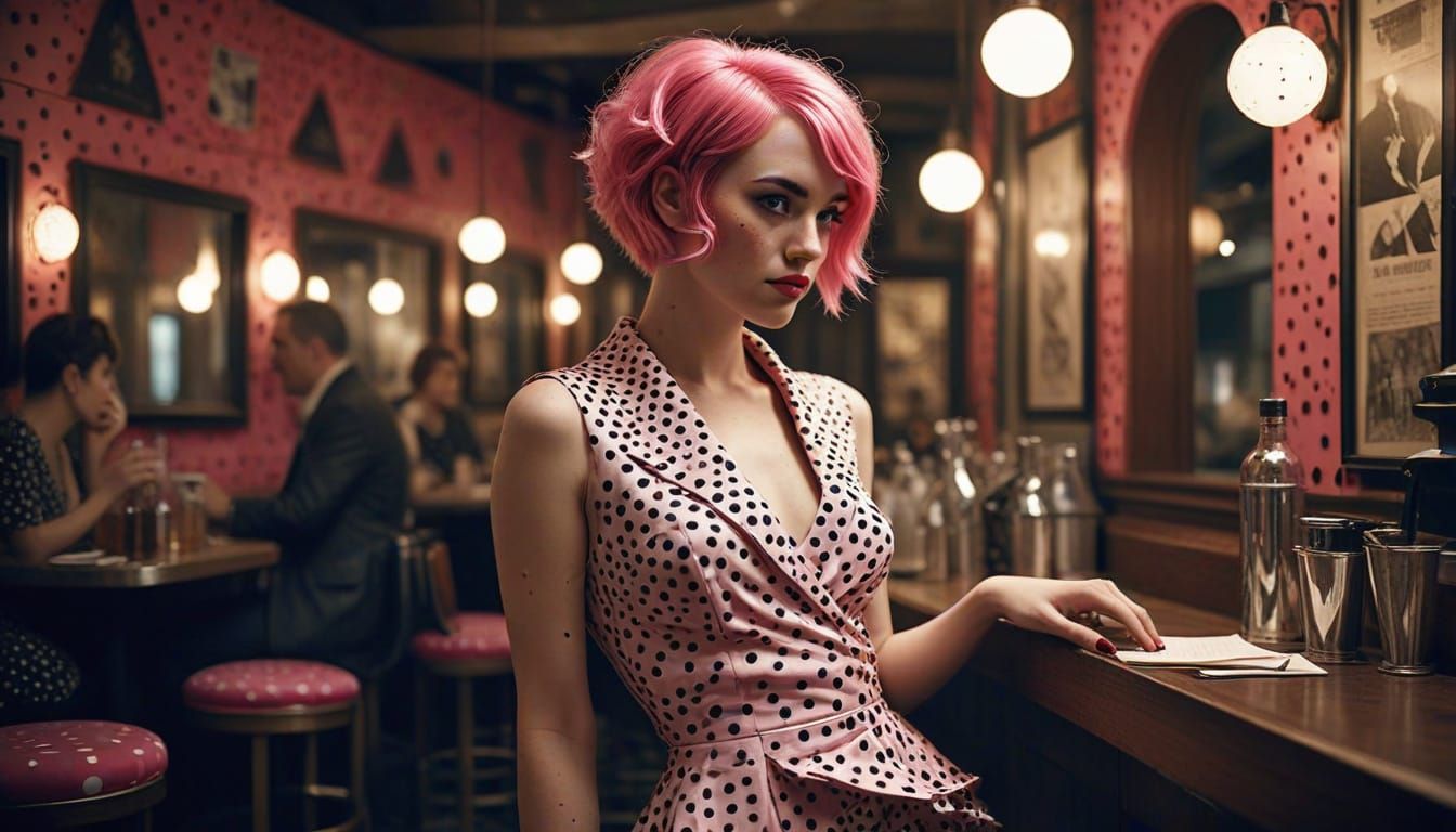 1920s Woman in Polka Dots, Art Deco Speakeasy