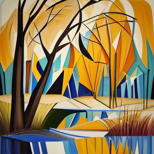 Cubist Weeping Willow Swaying in Wind