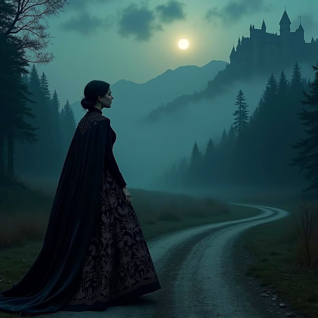 Gothic Vampire Castle in Dark Forest at Night