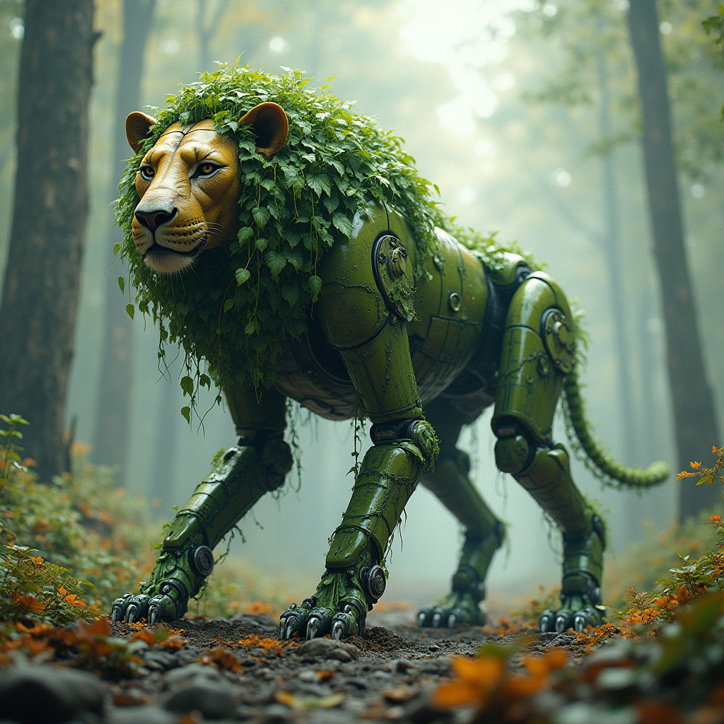 Mechanized Lion Robot with Verdant Leaf Armor