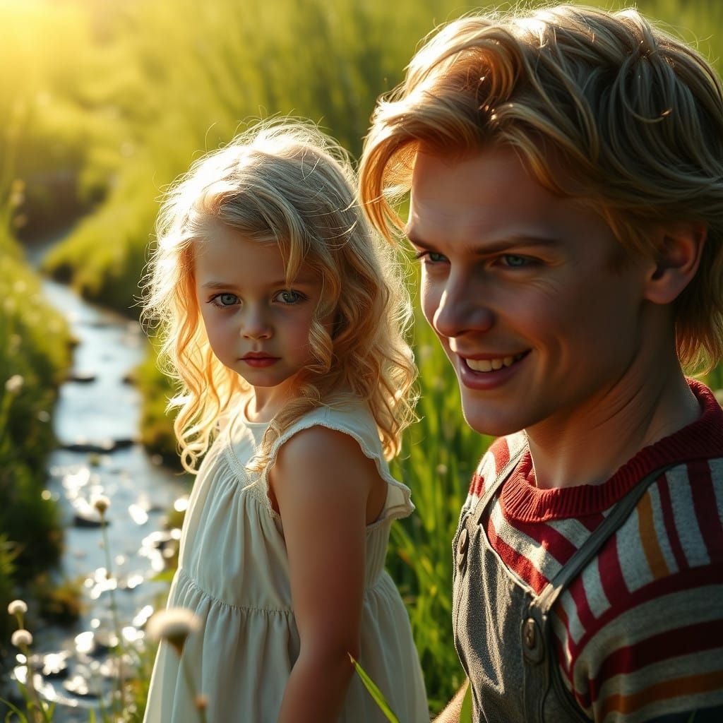 a digital painting of a little girl with blonde hair, front page of art station, young man with beautiful face, horror s...