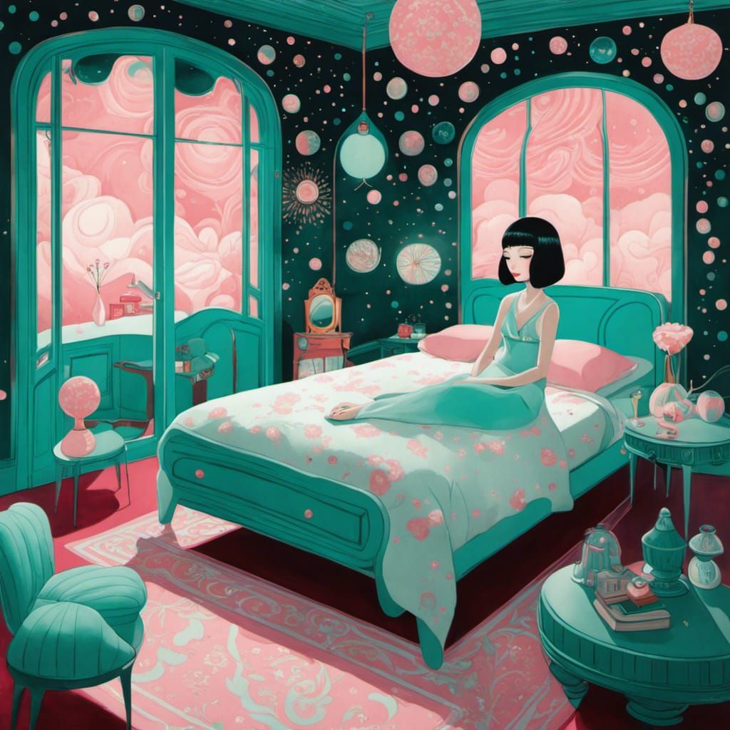 Dreamy Bedroom Scene in Pop Surrealist Style
