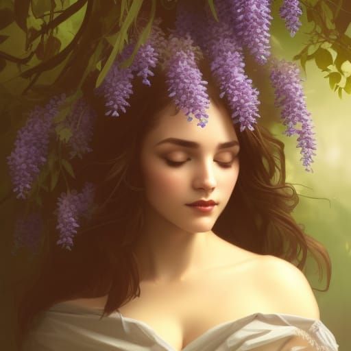 Woman Among Wisteria Flowers: Art Nouveau Portrait