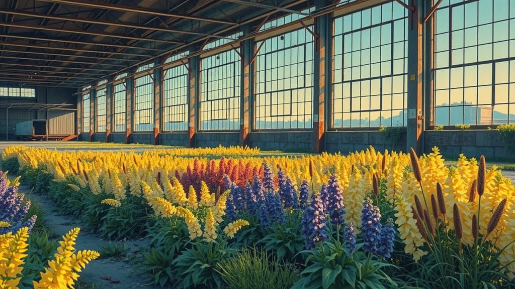 Abandoned Factory Overrun by Nature in Comic Book Style