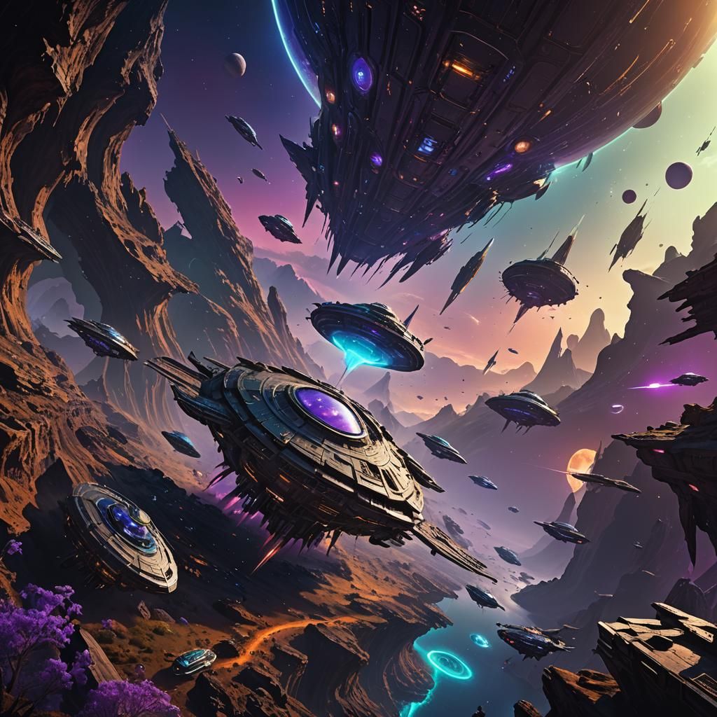 Alien Spacecraft Swarm Ancient Planet in Digital Painting