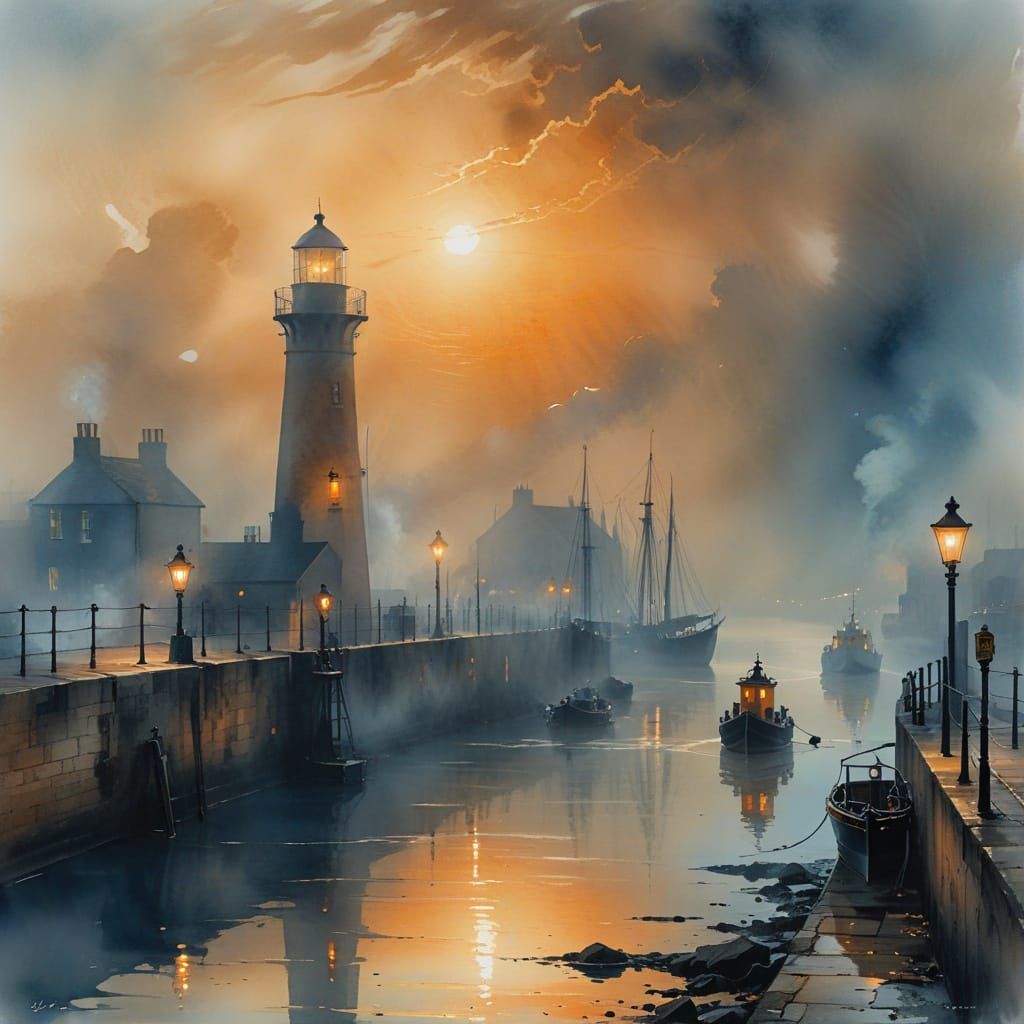 Ethereal Harbor at Sunrise: A Moody Watercolor