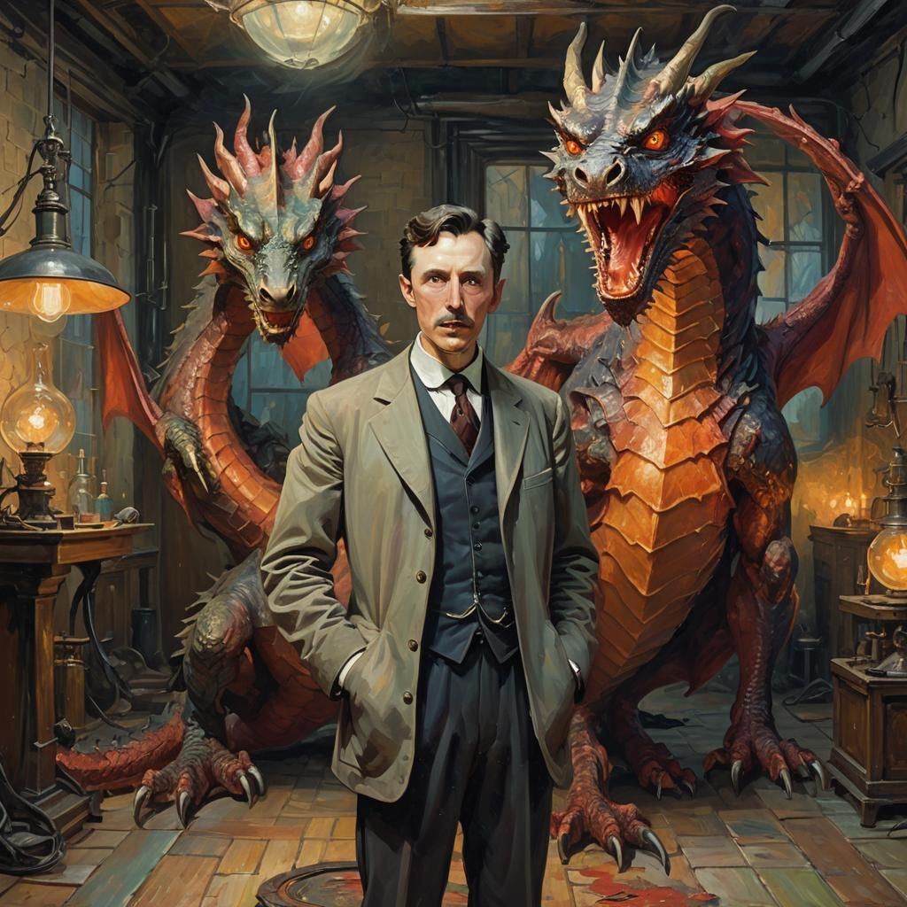 Tesla and Dragon in Neo-Impressionist Oil Painting