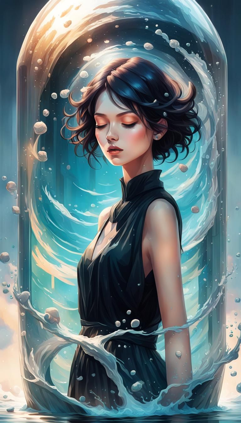 Girl Floating in Glass Cylinder: Hyperdetailed Portrait