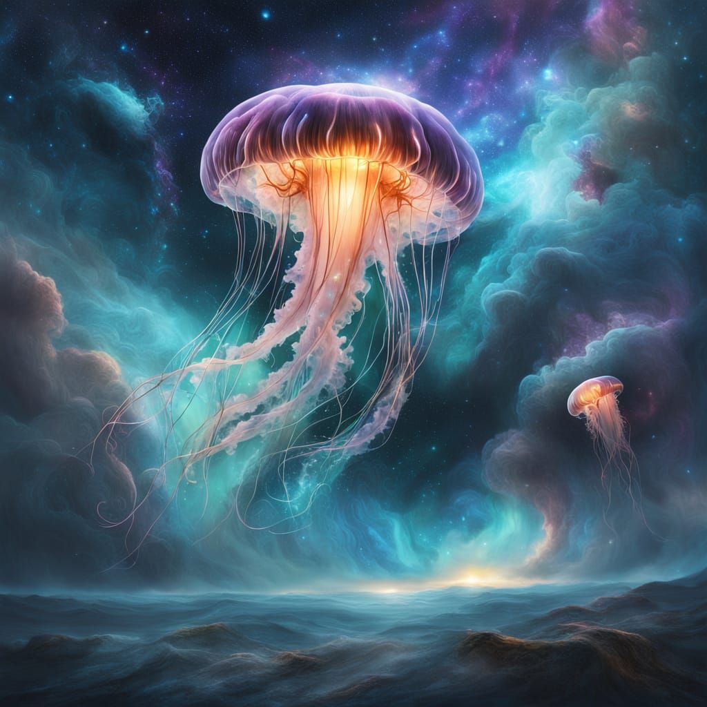 Bioluminescent Jellyfish Drifting Through Nebula